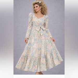 80s vintage 79s wrap floral dress cream maxi formal party retro glam winter act1